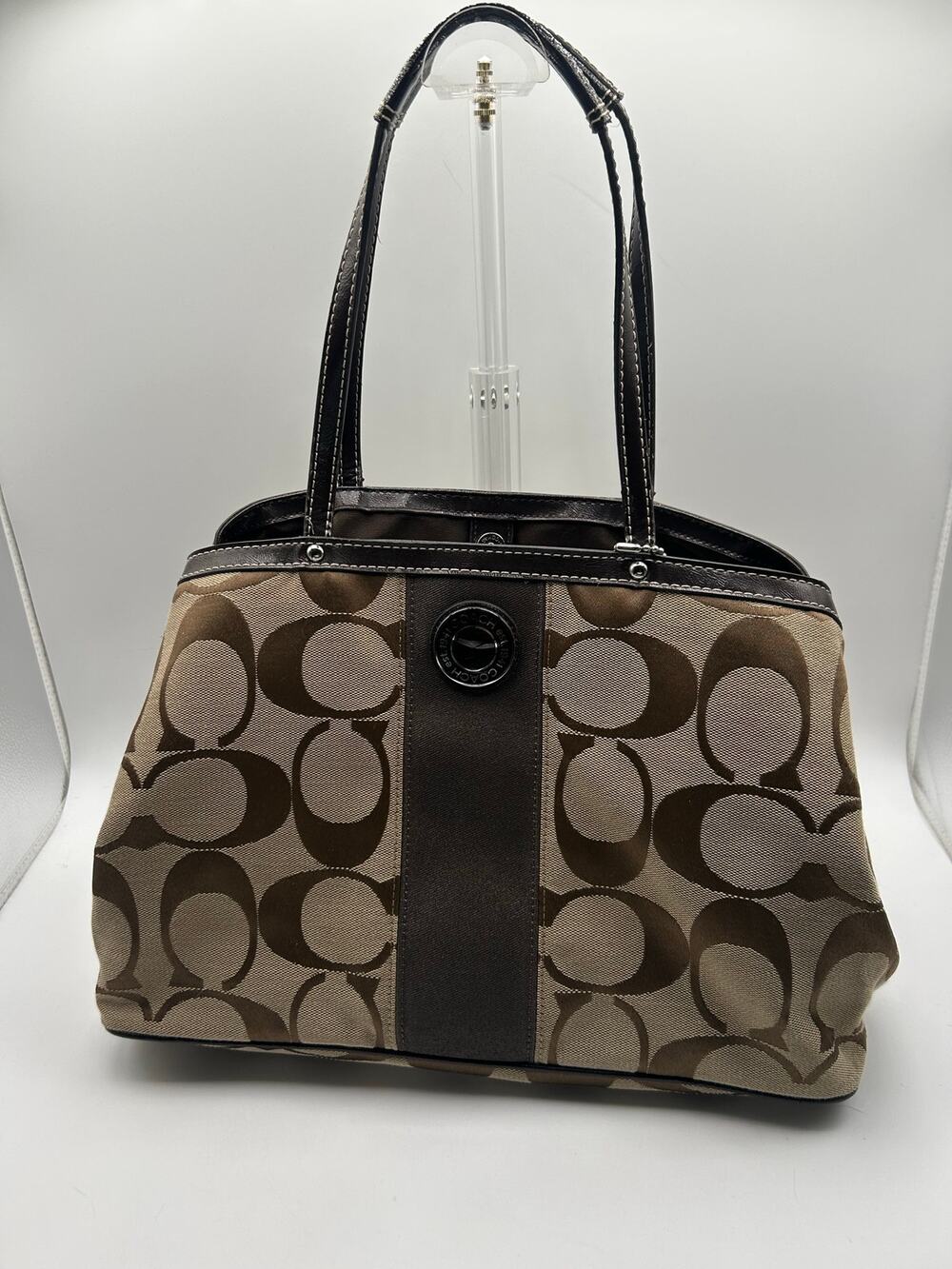 Coach Signature C Large Tote Satchel Khaki Brown Jacquard Canvas Leather Bag